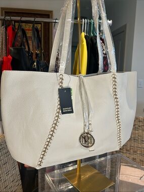 Badgley Mischka Vegan Leather Off White Gold Chain Tote 18”x 4”x 10.75” NWT